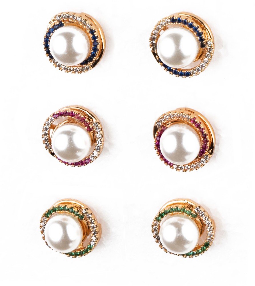 Jihaan Stylish AD Pearl Stud Earrings pair Jewellery Drop Earrings for Women Multicolor Pearl, Diamond Brass Stud Earring
