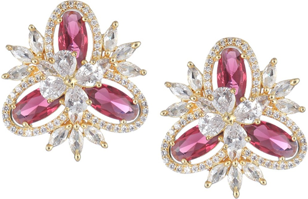 Adwitiya Collection 24 CT Gold Plated Women Pink CZ Studded Flower Studs Copper Stud Earring