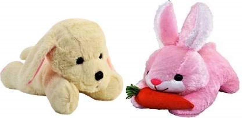 Toy Shop Soft Pink Rabbit & Lying Dog Soft Toy for Kids, Puppy Soft Toys Stuffed Animals  - 25 cm
