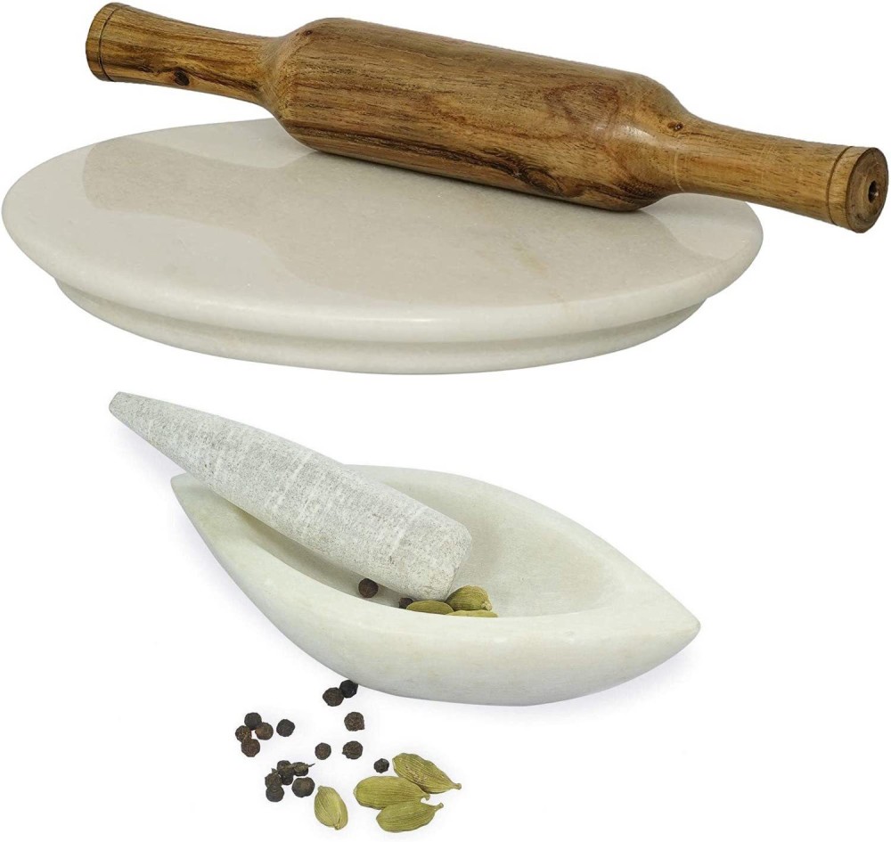 VENCRAFTS White Chakla 10 Inch + Belan 12 Inch + Kharal Masher 7 Inch (W10+1+Kharal) Rolling Pin & Board