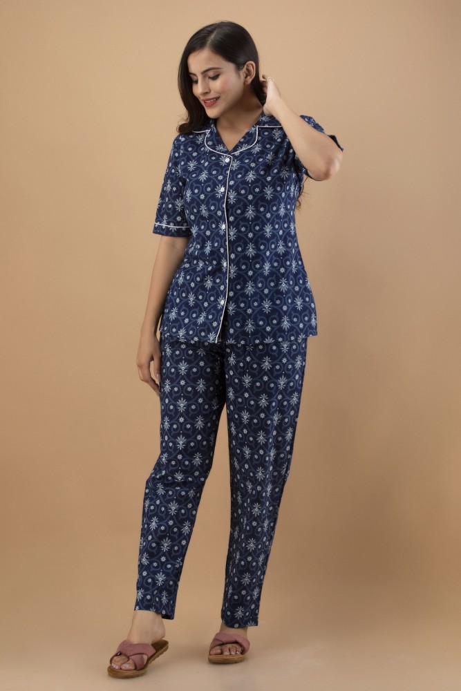 RAAKA Women Printed Dark Blue Shirt & Pyjama set