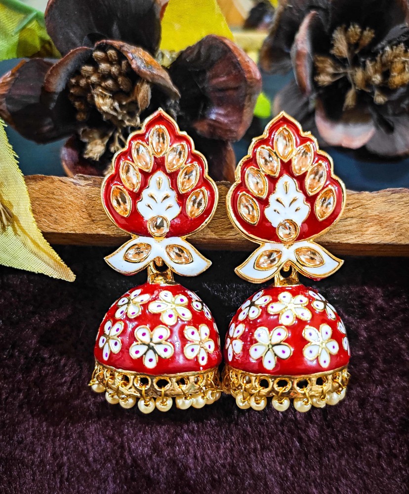 Amika Antique Red colored Gold-Toned Pearl Bell shaped Meenakari for Women/Girls Beads, Crystal, Pearl Metal Jhumki Earring