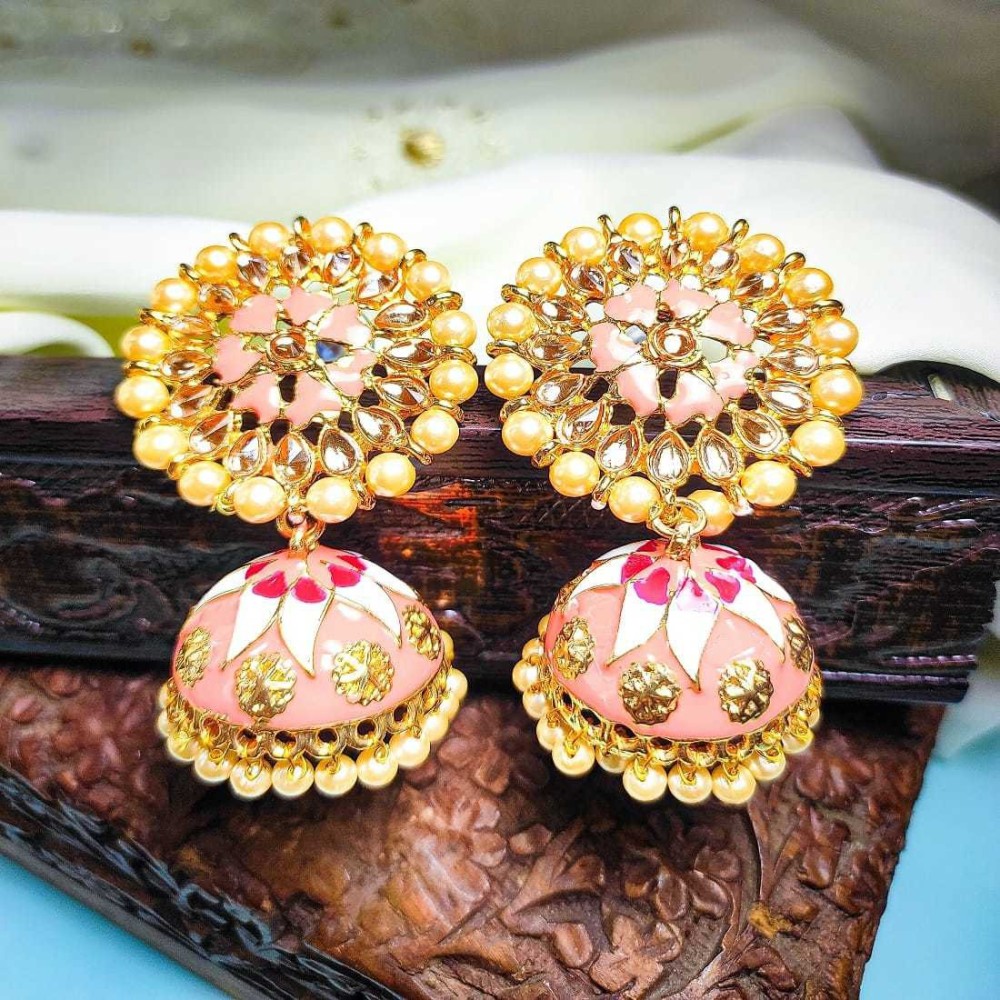 Amika Antique Orange colored Gold-Toned Stylish Bell shaped Meenakari for Women/Girls Beads, Crystal, Pearl Metal Jhumki Earring, Earring Set