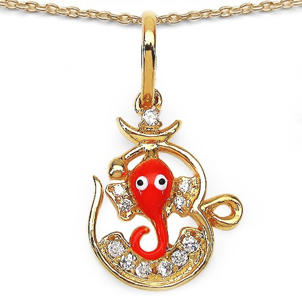 Johareez 0.08CTW White Cubic Zirconia Brass Gold Plated Multicolor Enamel Lord Ganesha With Om Shape Pendant Gold-plated Cubic Zirconia Brass Pendant
