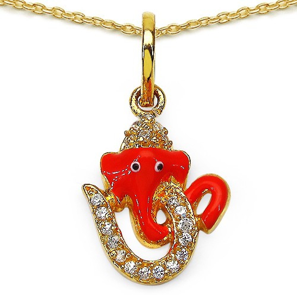 Johareez 0.38CTW White Cubic Zirconia Brass Gold Plated Multicolor Enamel Lord Ganesha With Om Shape Pendant Gold-plated Cubic Zirconia Brass Pendant