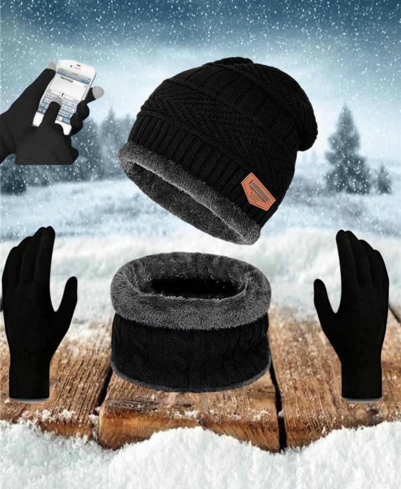 Highever Winter Woolen cap neck warmer (Fur Inside) &Touchscreen Gloves set for men women Beanie Cap
