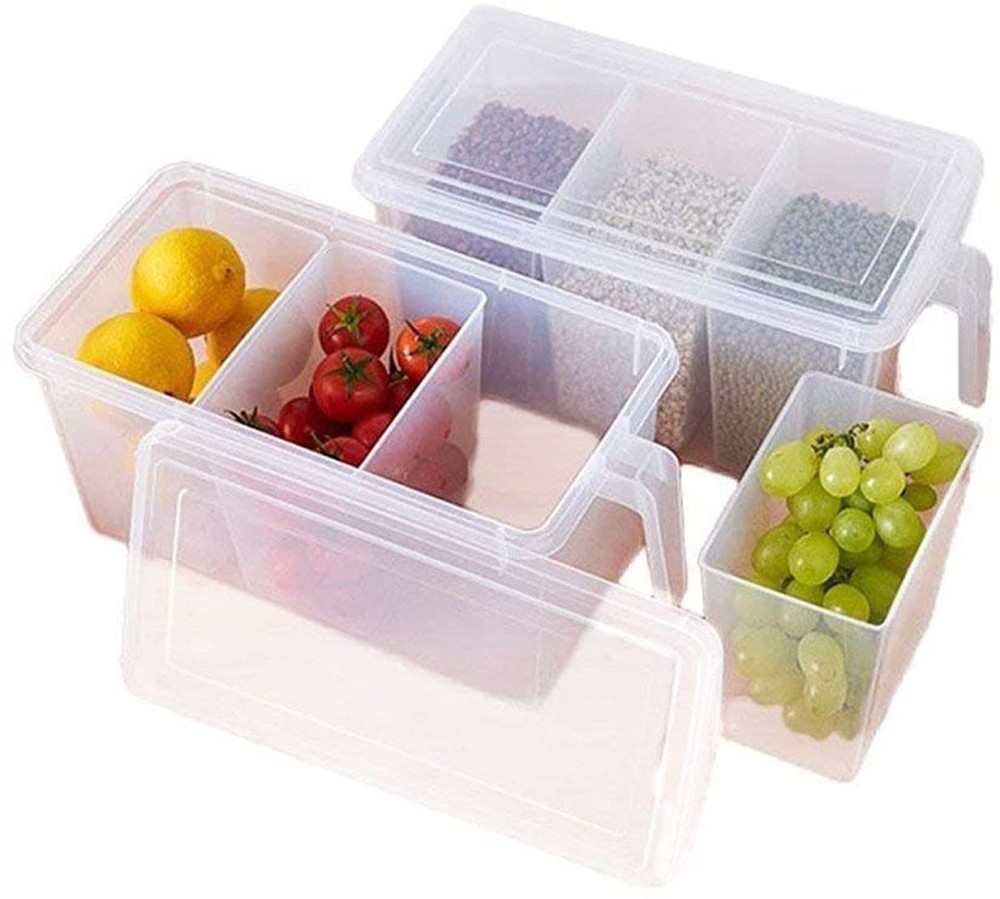 Triqueench Space Saving Food Storage Container with 3 Bins Jar with Handle n Lid,Fridge  - 1500 ml Plastic Utility Container