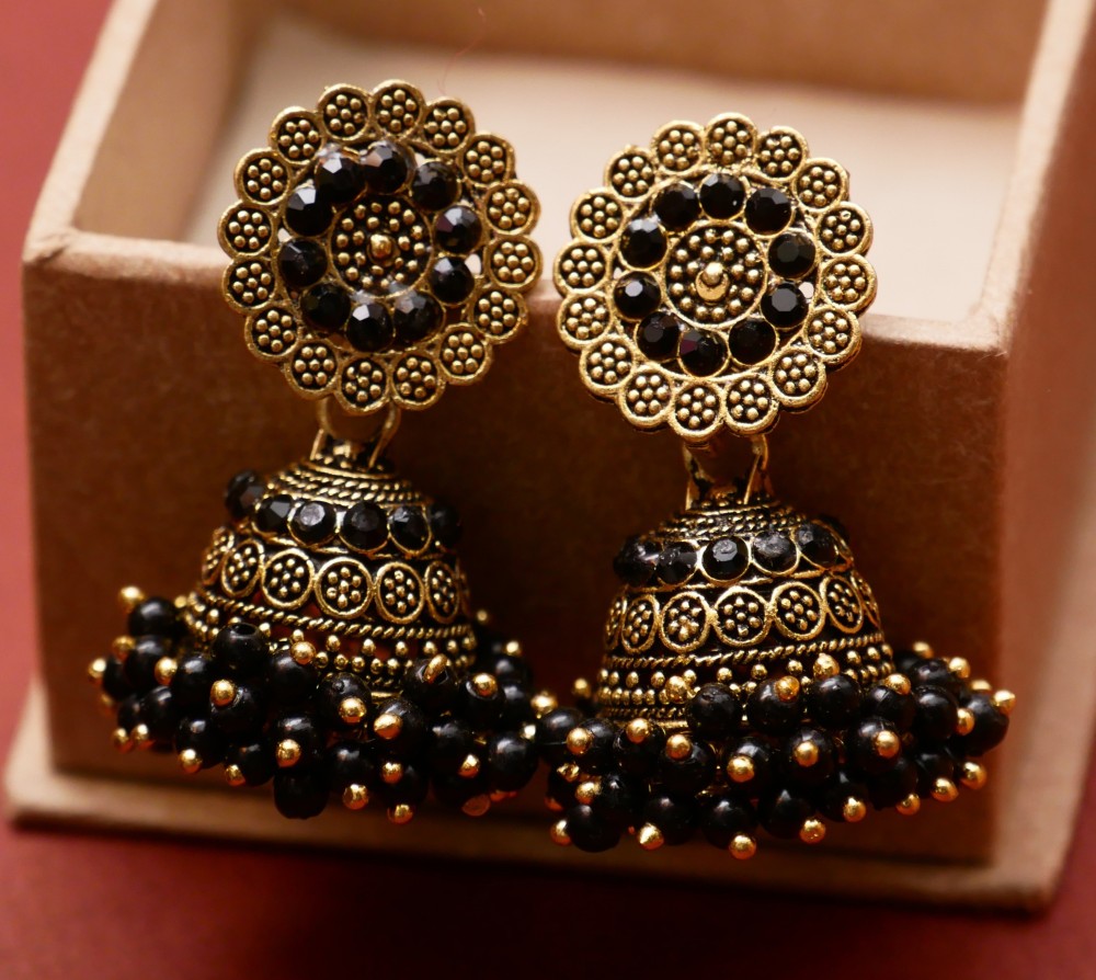 RAJ JEWELLERY Traditional Festive Black Color Pearl Oxidized Big Jhumka Earrings for Girls Diamond, Pearl Alloy Jhumki Earring