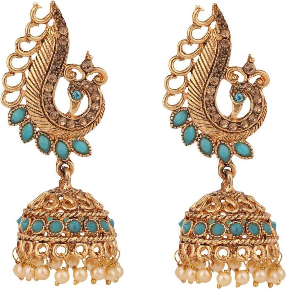 BHANA FASHION Appealing Look Gold Plated Stone And Pearl Blue Peacock Shape Jhumka Earring Cubic Zirconia Alloy Jhumki Earring