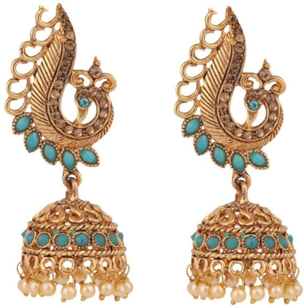Styylo Jewels Appealing Look Gold Plated Stone And Pearl Blue Peacock Shape Jhumka Earring Cubic Zirconia Alloy Jhumki Earring