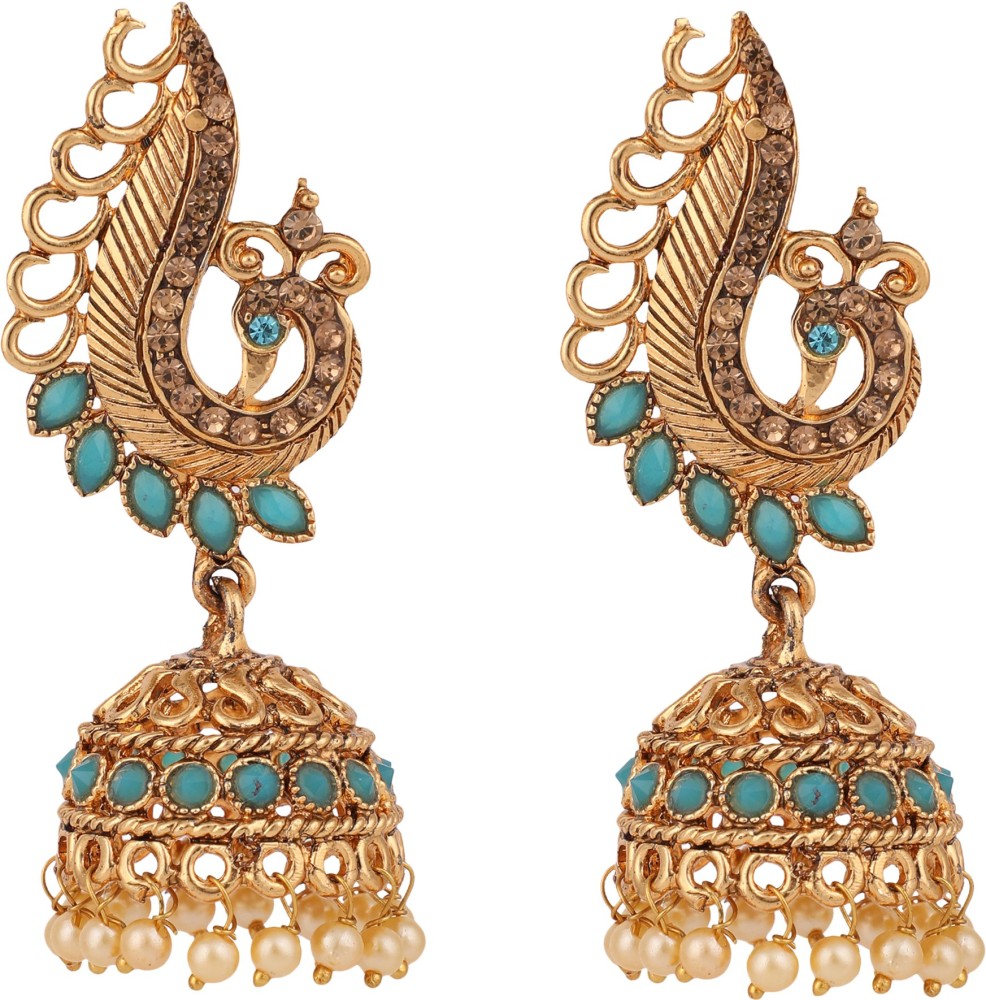 Anika's Creation Appealing Look Gold Plated Stone And Pearl Blue Peacock Shape Jhumka Earring Cubic Zirconia Alloy Jhumki Earring