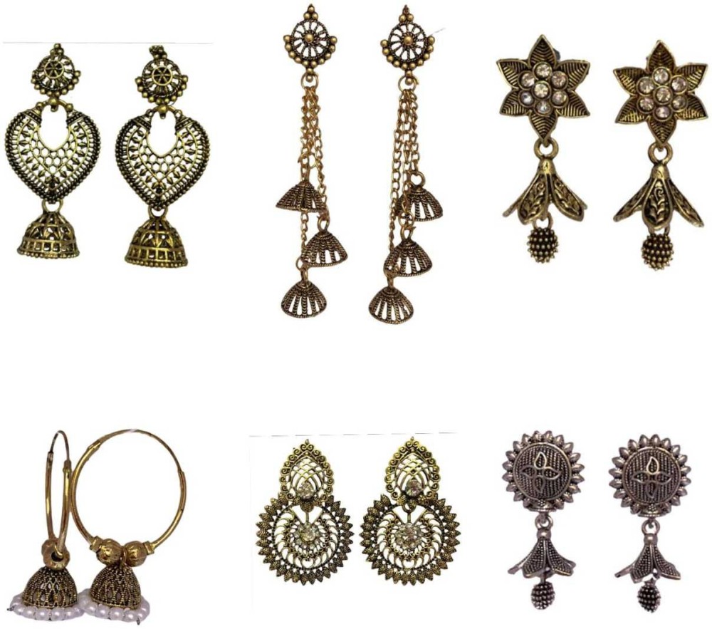 DUNIQ Gold & Silver Coloured Combo Of 6 Pairs Earrings White Zircon Alloy Drops & Danglers