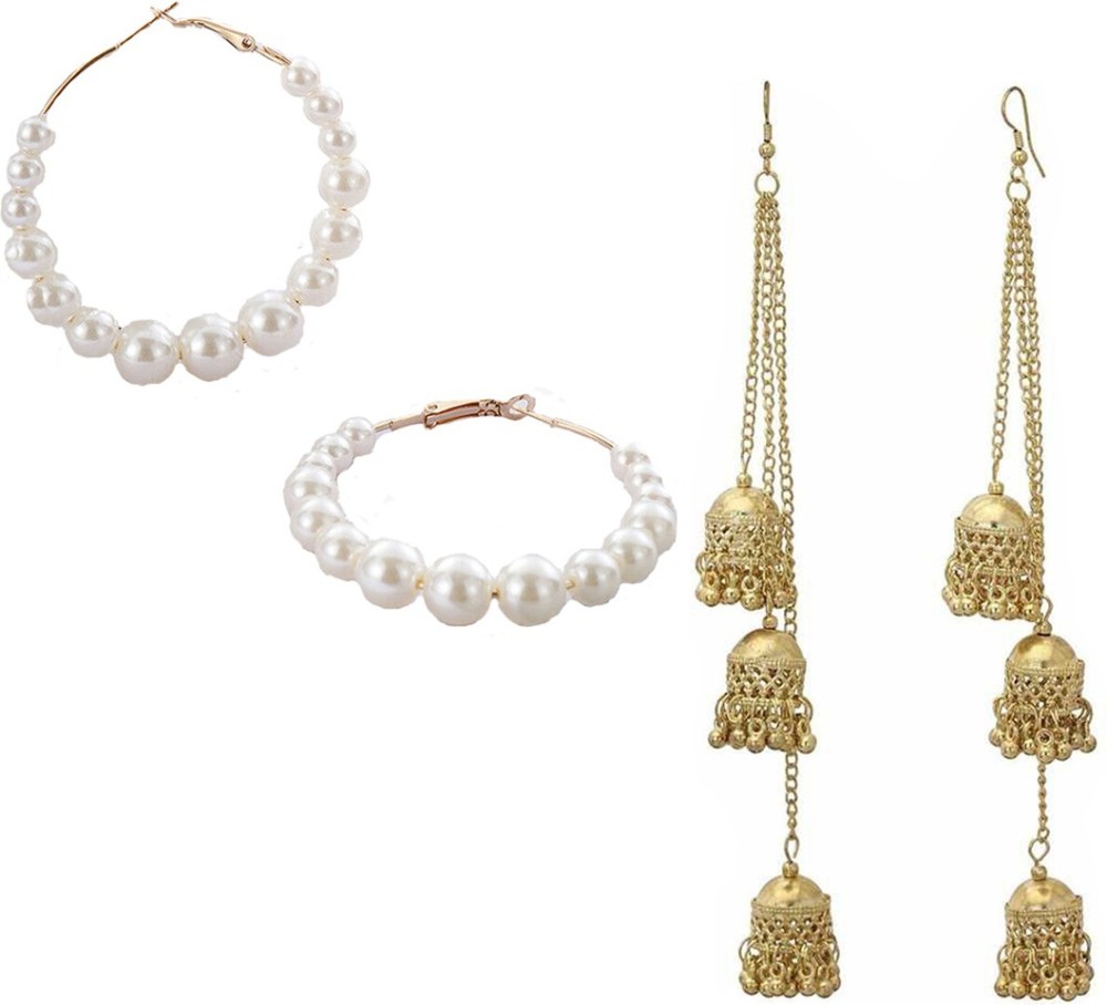 AVR JEWELS Jewels Pack of 2 Sea Beads Hoop and Golden Three Layer Jhumki Beads Alloy Earring Set