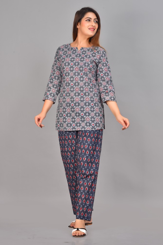 LUCKYFAB Women Printed Grey Top & Pyjama Set