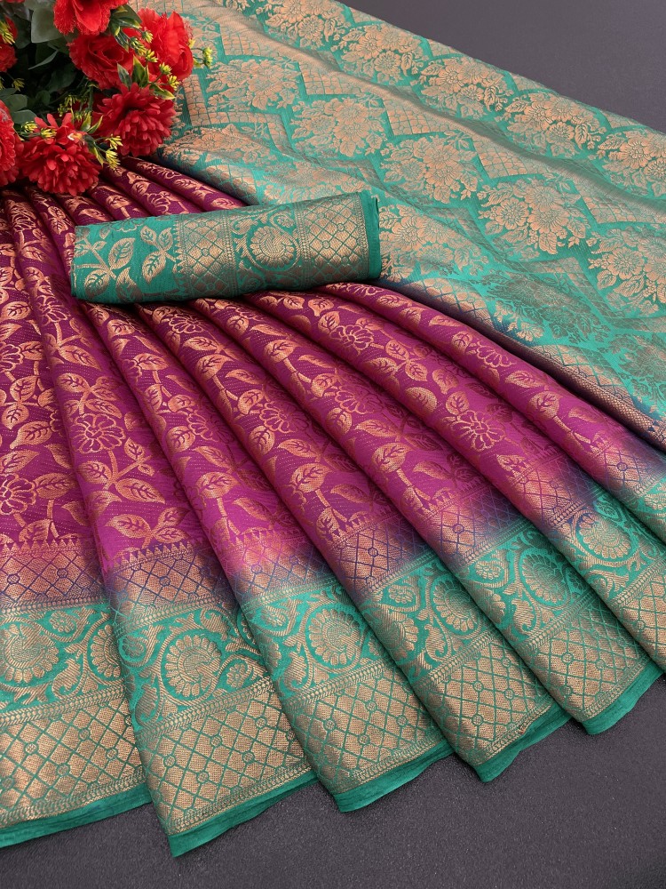 MITRABIZ Self Design, Printed, Embellished, Floral Print, Solid/Plain Banarasi Jacquard, Cotton Linen Saree