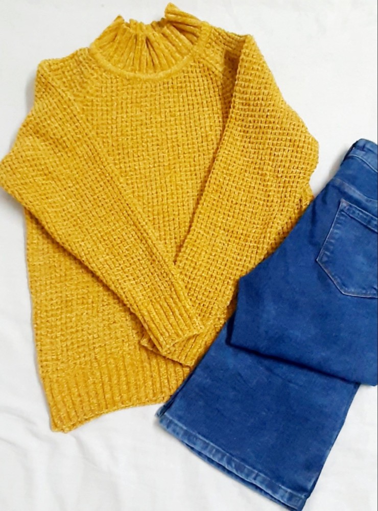 Faiirytale Solid High Neck Casual Women Yellow Sweater