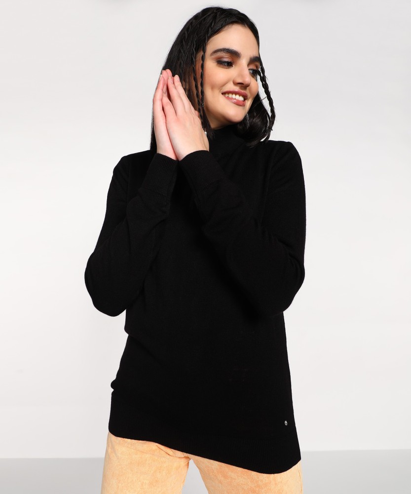 NUMERO UNO Solid High Neck Casual Women Black Sweater