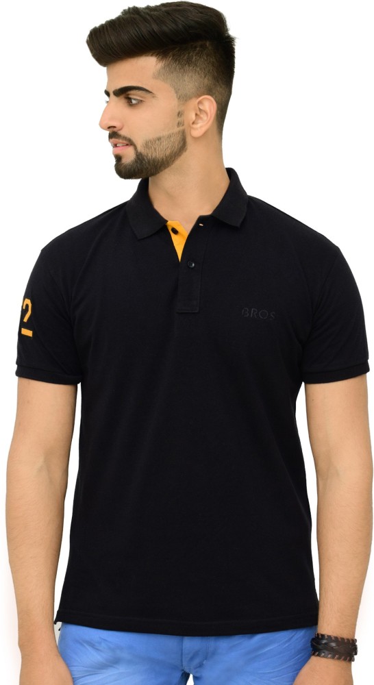 3BROS Solid Men Polo Neck Black T-Shirt