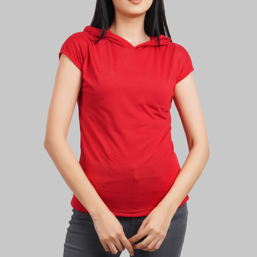 Jannie Hustler Solid Women Hooded Neck Red T-Shirt