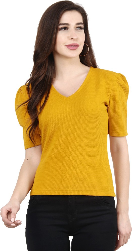 POPWINGS Casual Short Sleeve Solid Women Yellow Top