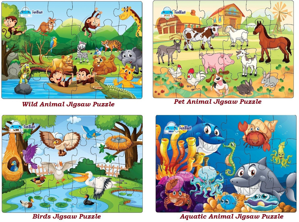 funblast kids puzzles kids animal birds jigsaw floor puzzle age 3 years set 4 96 pcs size 30x22 cm