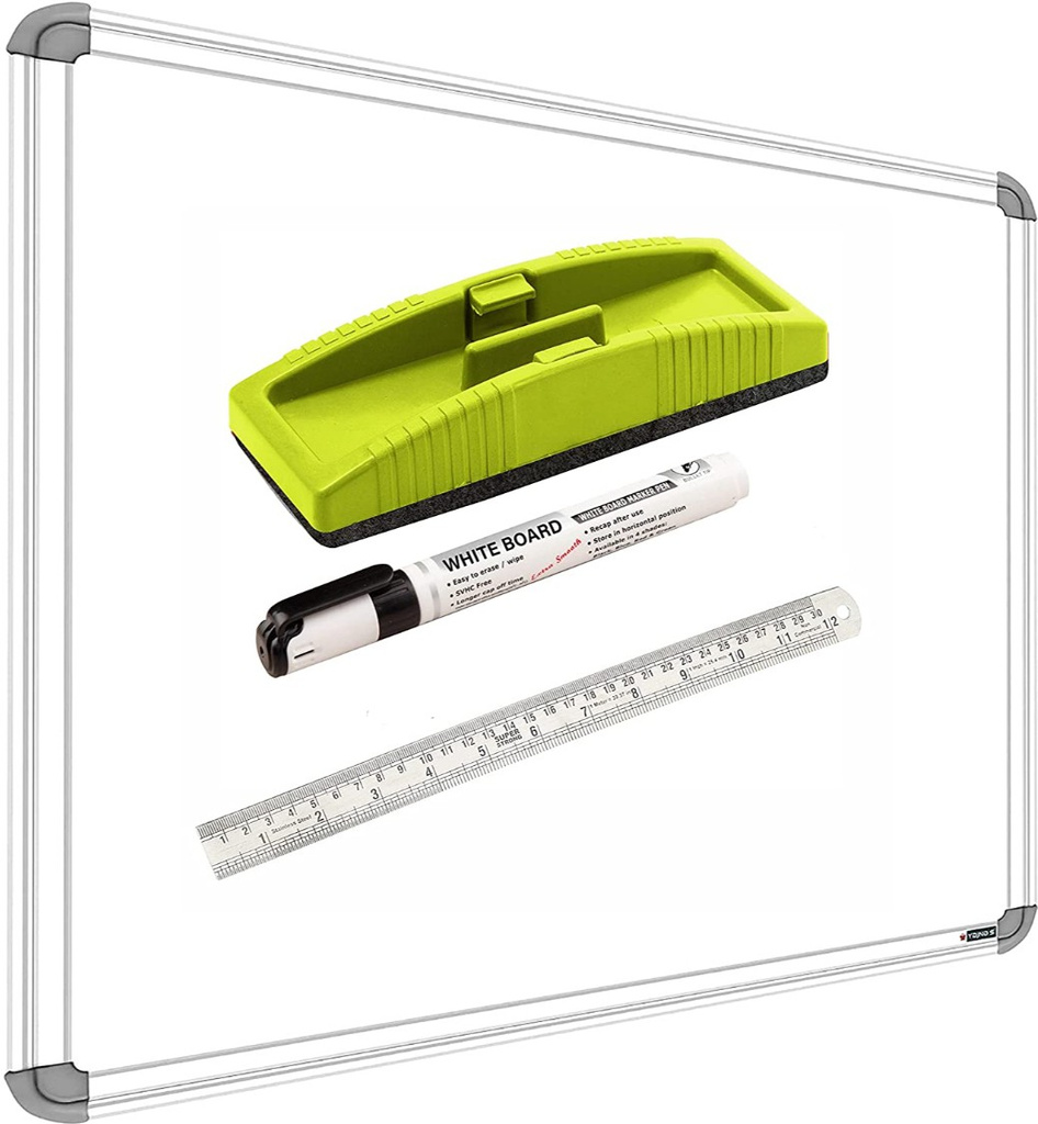 yajnas 1 5 x 2 feet non magnetic double sided white board chalk one side marker reverse green surface 1 duster 30 cm ruler pack 4 units white