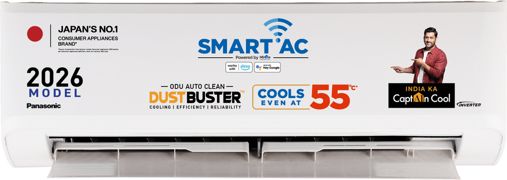 panasonic 2026 model 1 ton 3 star split inverter wi fi smart dustbuster tech matter enabled ai higher airflow 2 way swing cools 55 deg c copper condenser 8in1 convertible pm0 1 filter ac