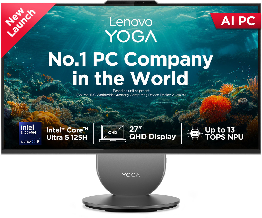 Lenovo Yoga AIO QHD IPS Core Ultra 5 (16 GB LPDDR5X/1 TB SSD/Windows 11 Home/27 Inch Screen/Yoga AIO) with MS Office