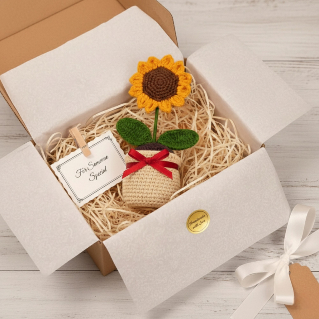 Brovion Art Handmade Crochet Sunflower Pot | Best Rakhi Gift for Sister | Cute Flower Multicolor Sunflower Artificial Flower
