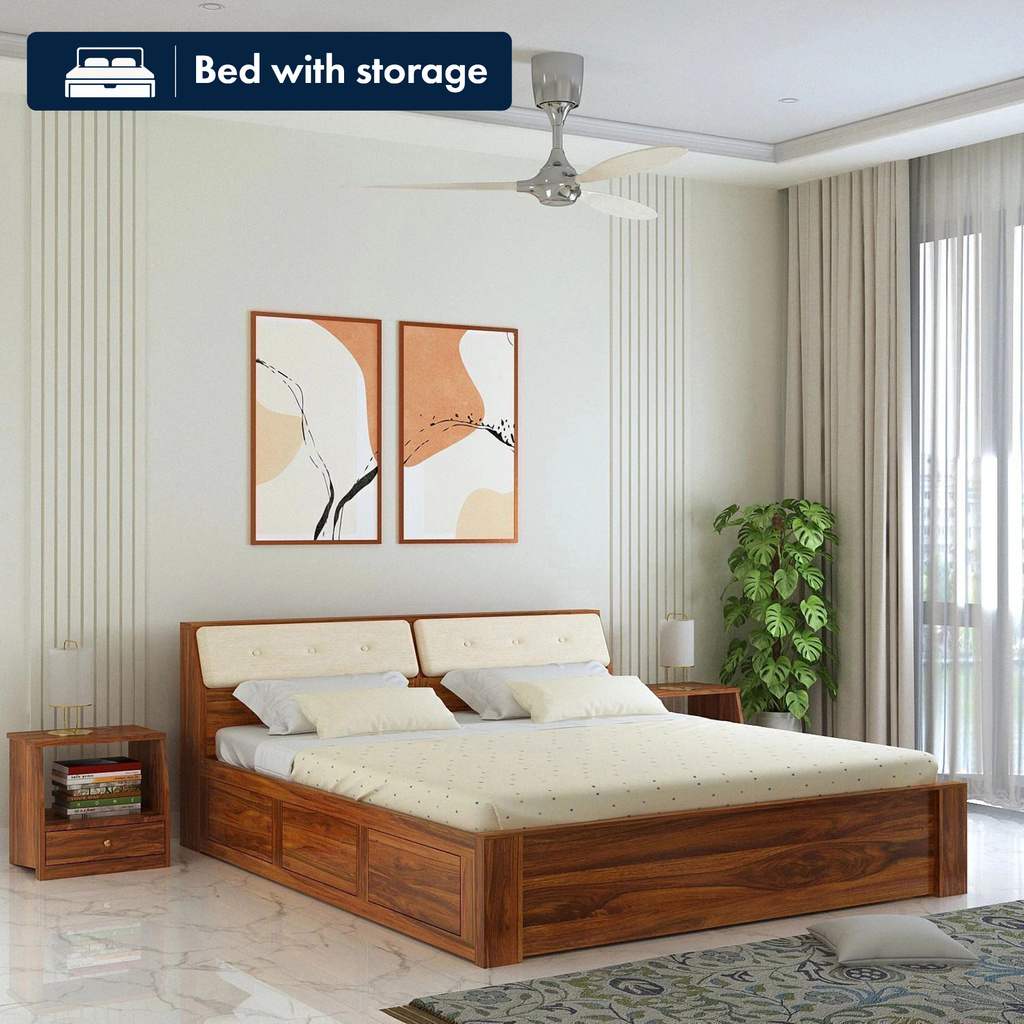 Victoria Sheesham Wood Bed/Cot With Box Storage | Solid Wood King Box Bed, 210.82 cm x 187.96 cm (6.92 ft x 6.17 ft) (Finish Color - Natural-VCT, Delivery Condition - DIY(Do-It-Yourself))