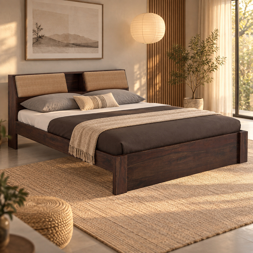 Mayor Without Storage Sheesham Wood Bed/Cot | Solid Wood King Bed, 223.52 cm x 187.96 cm (7.33 ft x 6.17 ft) (Finish Color - Walnut, Delivery Condition - DIY(Do-It-Yourself))