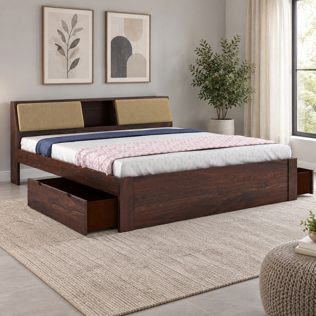 Mayor Sheesham Wood Bed/Cot With Drawer Storage | Solid Wood King Drawer Bed, 223.52 cm x 187.96 cm (7.33 ft x 6.17 ft) (Finish Color - Walnut_2D, Delivery Condition - DIY(Do-It-Yourself))