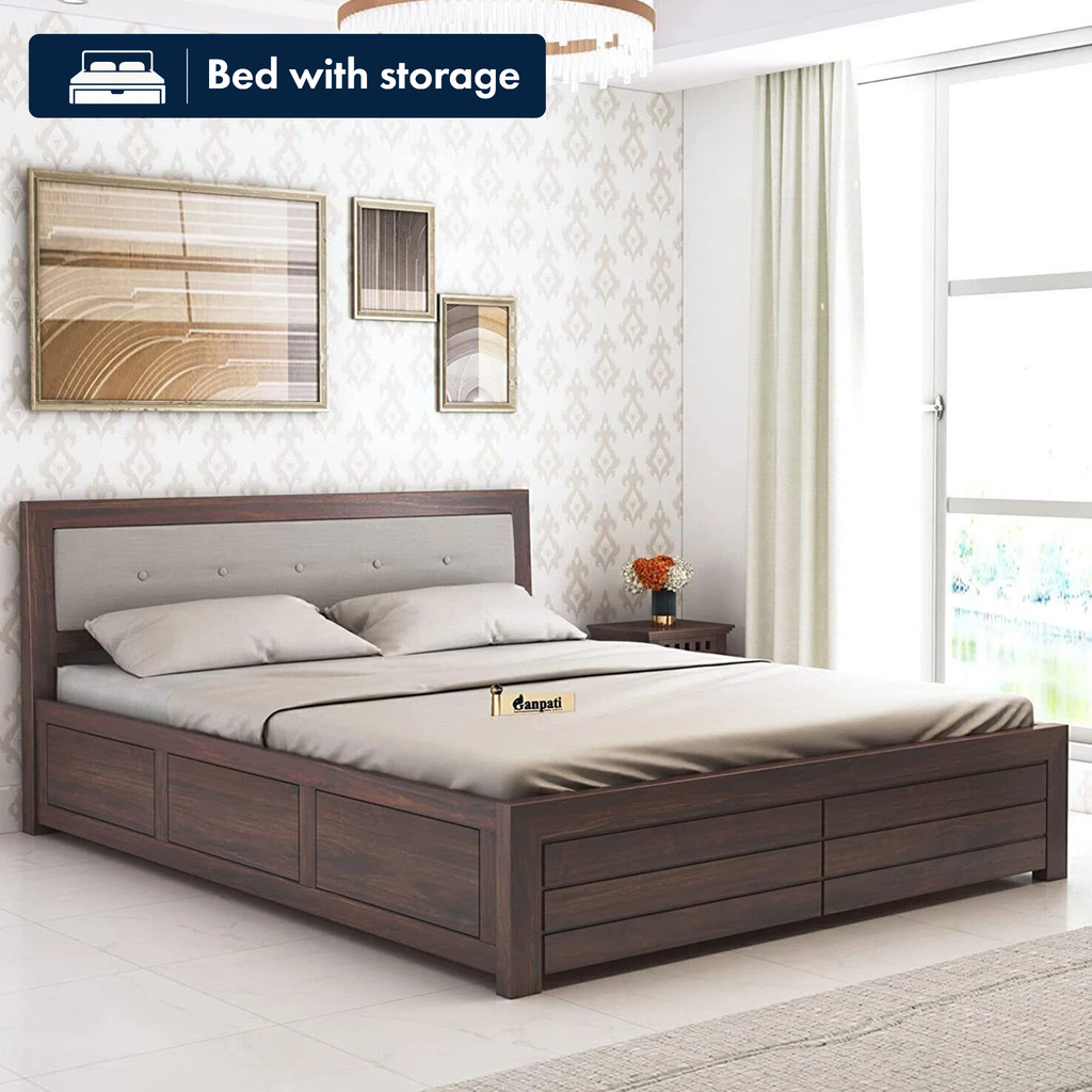 Euro Sheesham Wood Bed/Cot With Box Storage | Solid Wood Queen Box Bed, 188 cm x 193 cm (6.17 ft x 6.33 ft) (Finish Color - Walnut, Delivery Condition - DIY(Do-It-Yourself))