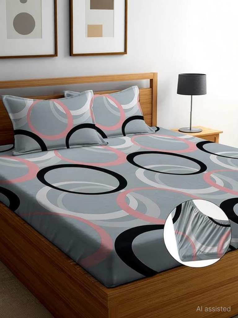 ardm cotton double fitted elastic 240 tc geometric 1 bedsheet 2 pillow covers
