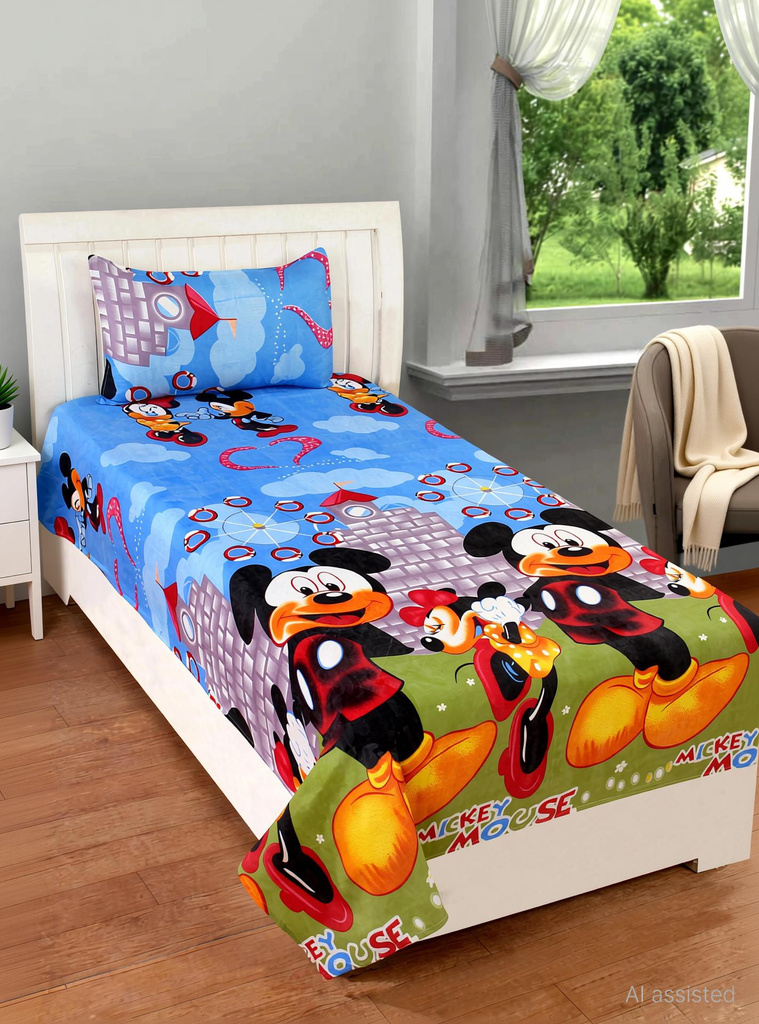 Decorum Polycotton Single Flat 160 TC Cartoon 1 Bedsheet with 2 Pillow Covers