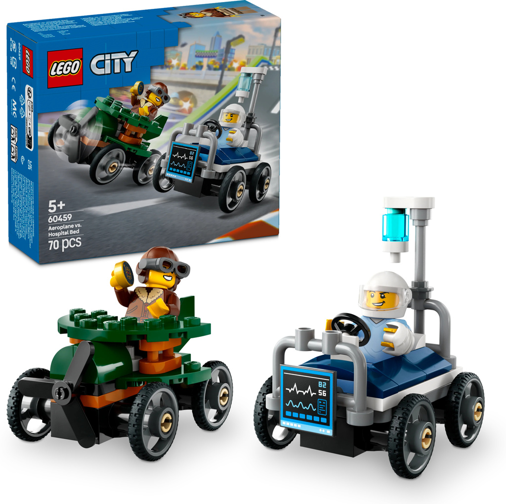 LEGO City Airplane vs.Hospital Bed Race Car Pack Soapbox Racing Toy 60459(70 Blocks)
