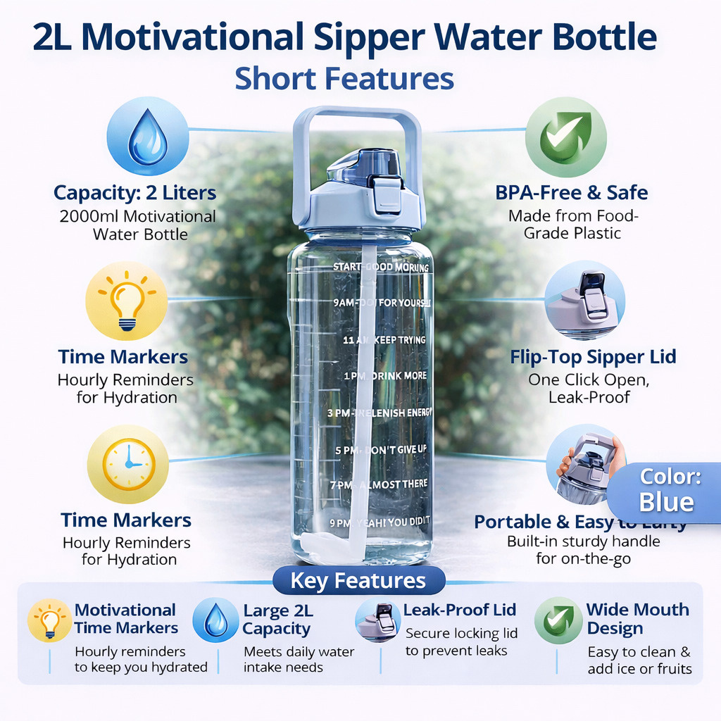 Cronus HydroMax Inspire 2L Leakproof Motivational Sipper with Time Marker 2000 ml PET Bottle
