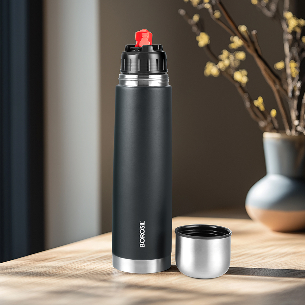 BOROSIL 24 Hours Hot & Cold Thermo Double Wall Vaccum Insulated Steel Flask Bottle 1000 ml Steel Flask