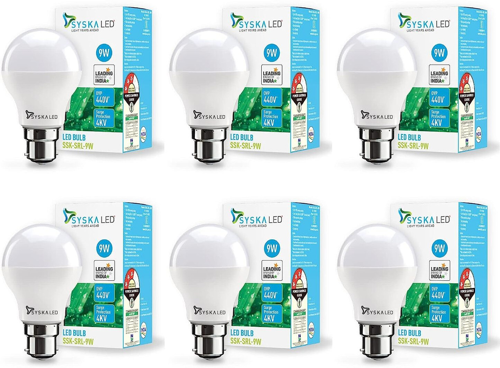9 W Basic Standard B22 LED Bulb (White, Pack of 6)