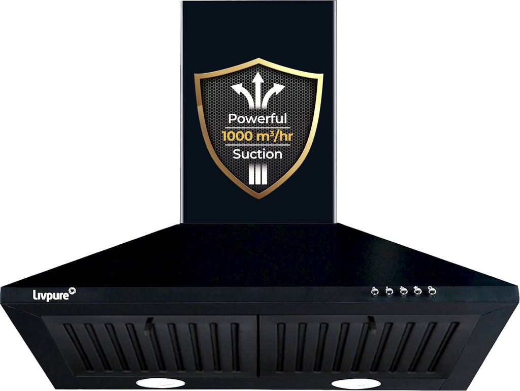 LIVPURE AIRIS-NEO-60 1000 CMH 60 cm Pyramid Shape 60 cm| 3 Layer Baffle Filter|Powerful suction | 5 Years Motor Warranty| Low Noise |LED Lamp | Push Button Control Chimney