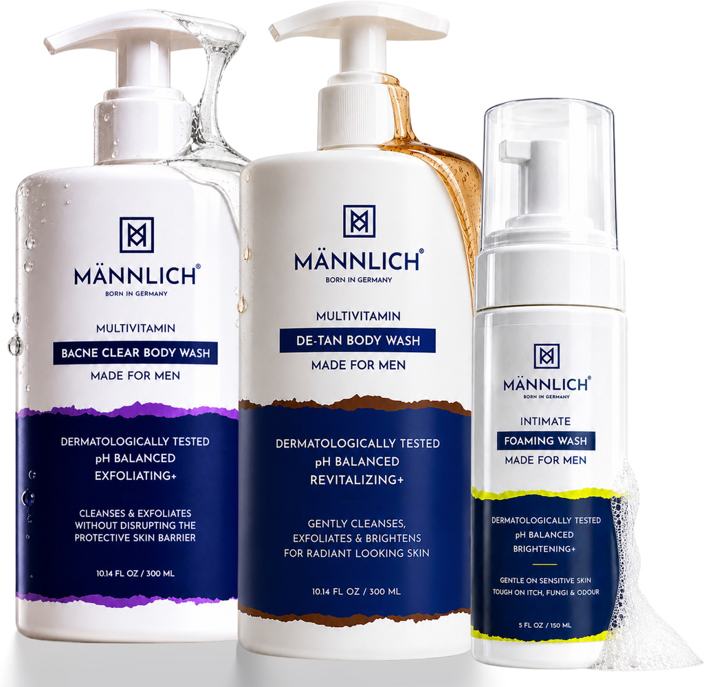 Mannlich Full Body Wash Kit | De-Tan Body Wash + Bacne Body Wash + Intimate Foaming Wash | Complete Body Cleansing