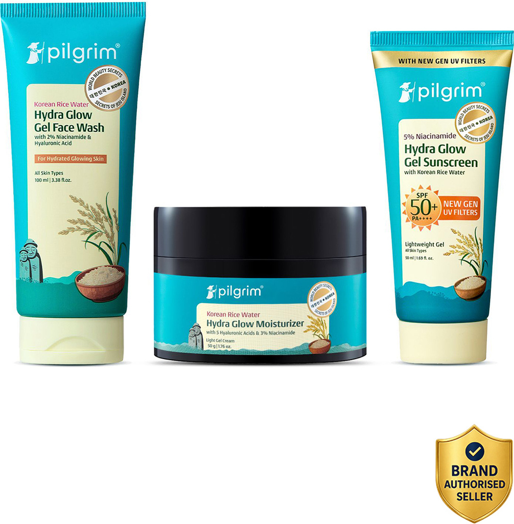 Pilgrim Korean Rice Water Facewash, Hydra Glow Moisturizer & Gel Sunscreen Combo