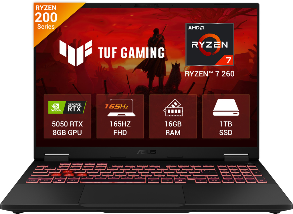 ASUS TUF Gaming A16 (2026) with Office 2024 + M365 Basic AMD Ryzen 7 260 - (16 GB/1 TB SSD/Windows 11 Home/8 GB Graphics/NVIDIA GeForce RTX 5050/165 Hz) FA608UH-RV112WS Gaming Laptop