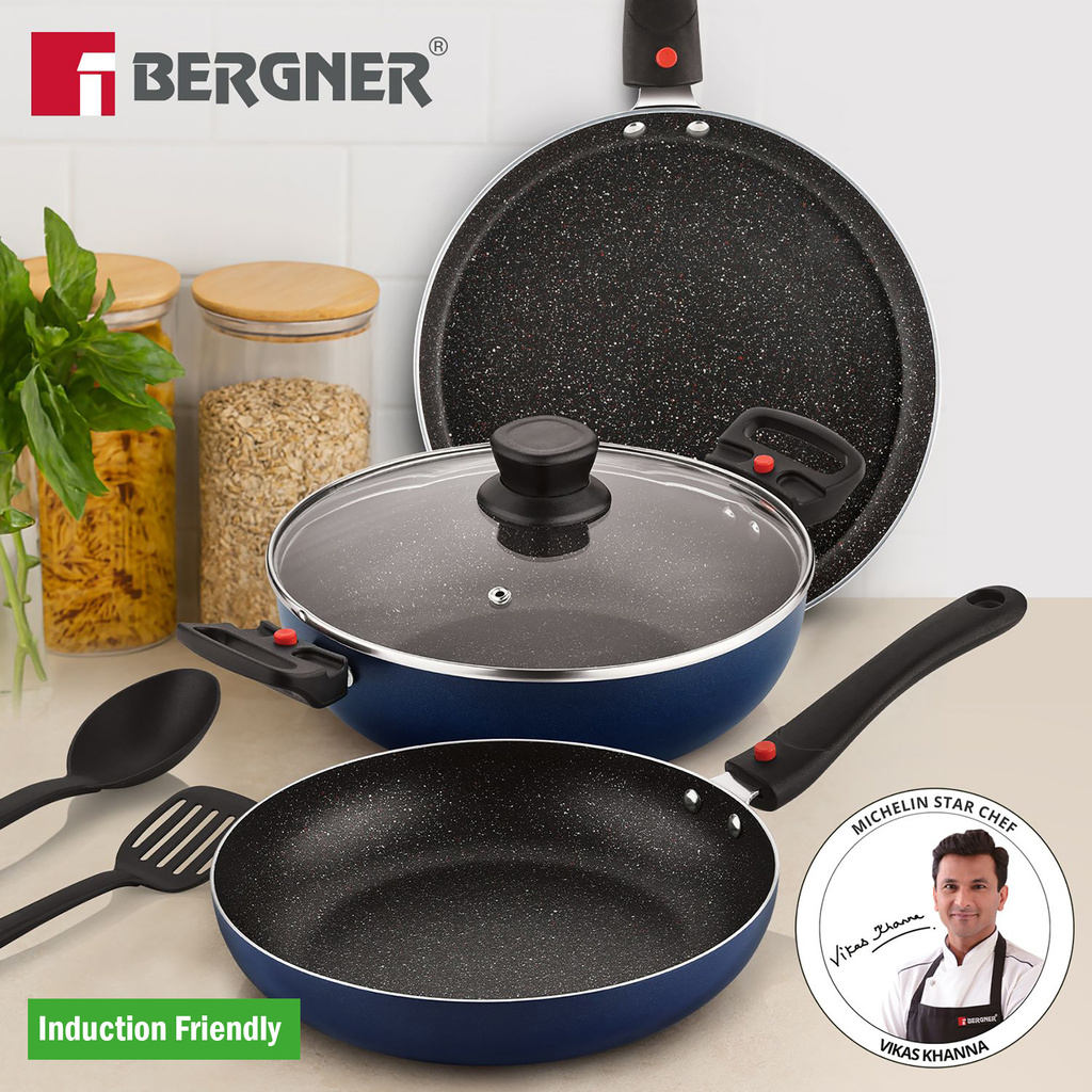 BERGNER Sherry Plus 5-Layer 6 Pcs Non-Stick Cookware Set with Detachable Handle - Induction Bottom Non-Stick Coated Cookware Set