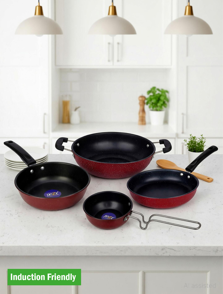 Non-Stick Set: 3L Kadhai, Frypan, Saucepan & Tadka Pan Induction Bottom Non-Stick Coated Cookware Set (Cast Iron, 4 - Piece)