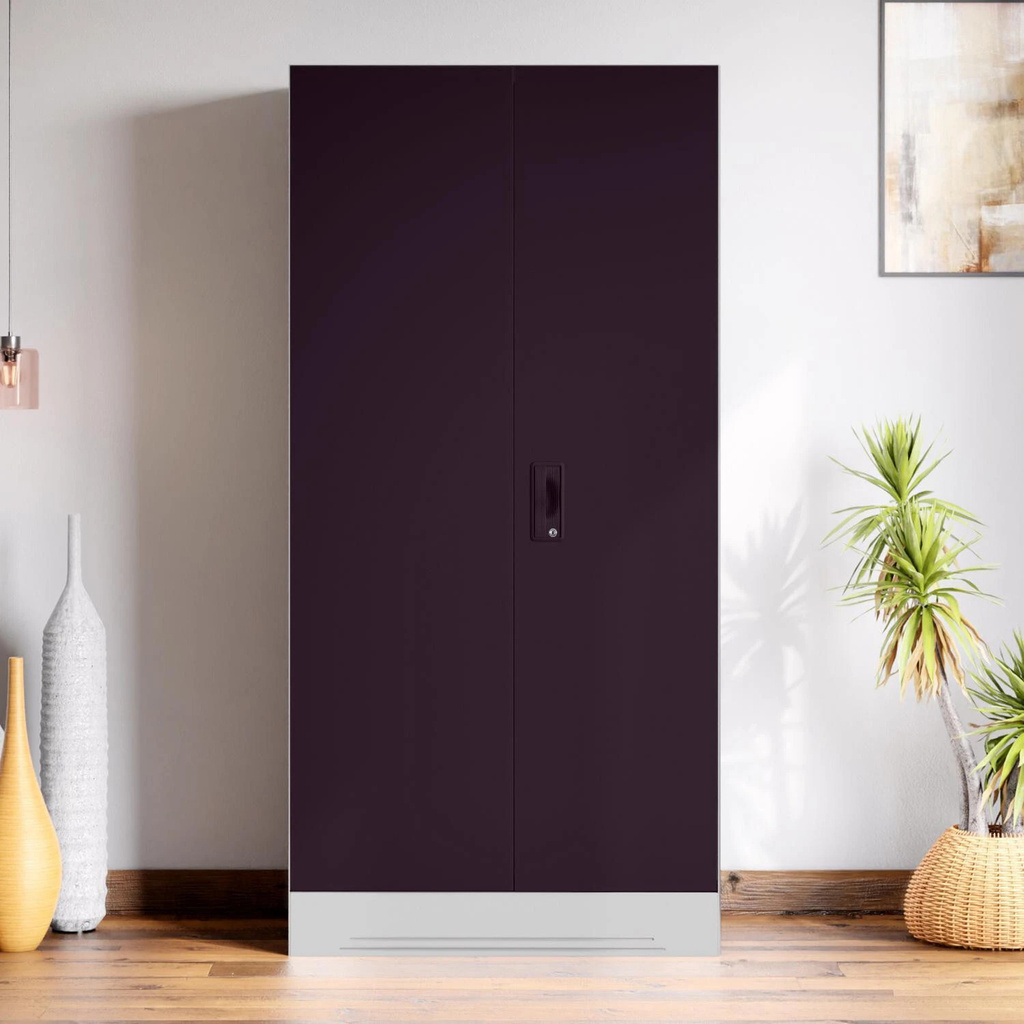 Slimline 2 Door with Locker Metal Almirah (Finish Color - Body: Royal Ivory, Door: Textured Shellwine Red, Knock Down)