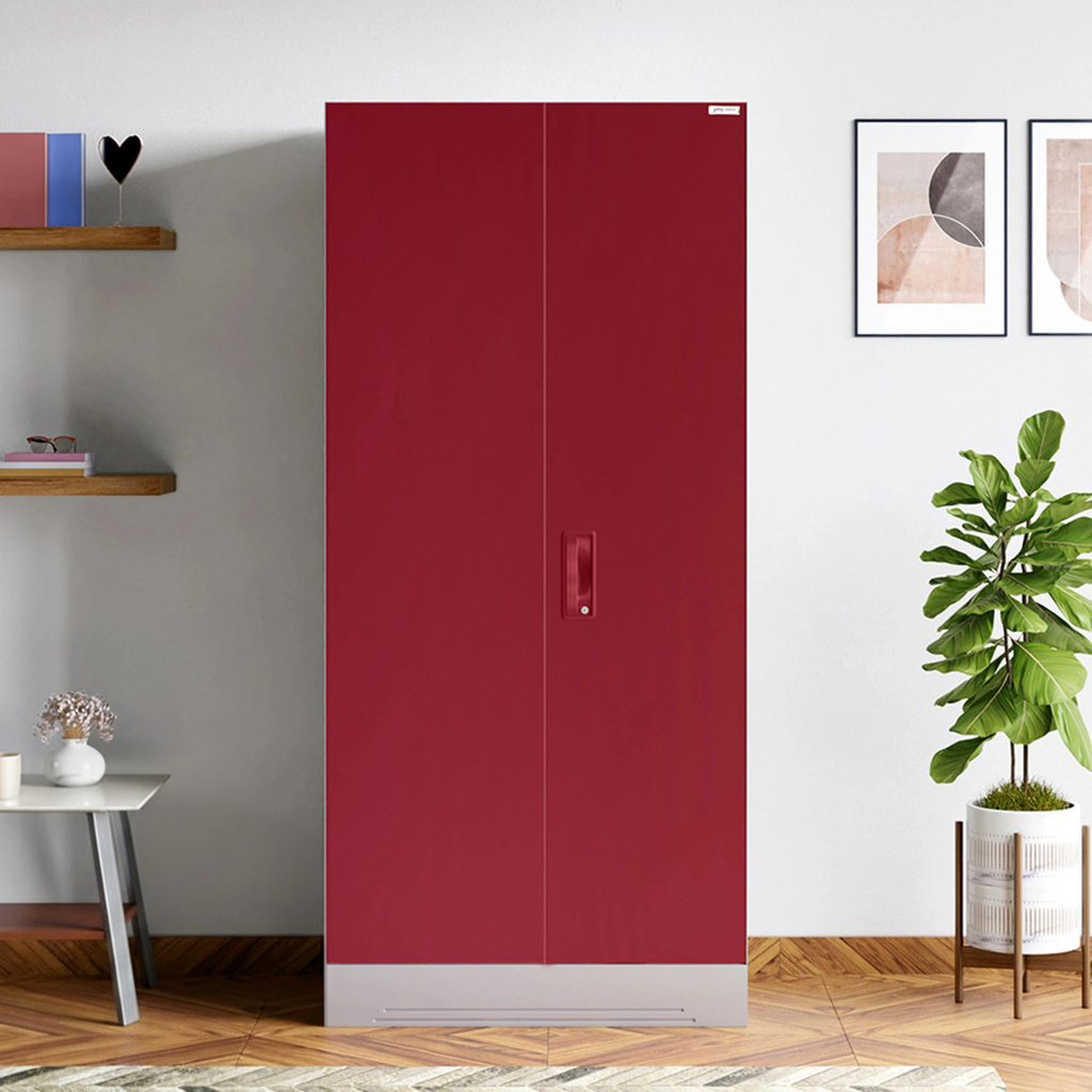 Slimline 2 Door with Locker Metal Almirah (Finish Color - Body: Royal Ivory, Door: Textured Carmine Red, Knock Down)