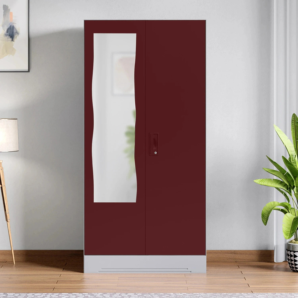Slimline 2 Door with 2 shelves and Curvilinear Mirror Metal Almirah (Finish Color - Body: Royal Ivory, Door: Russet, Knock Down)