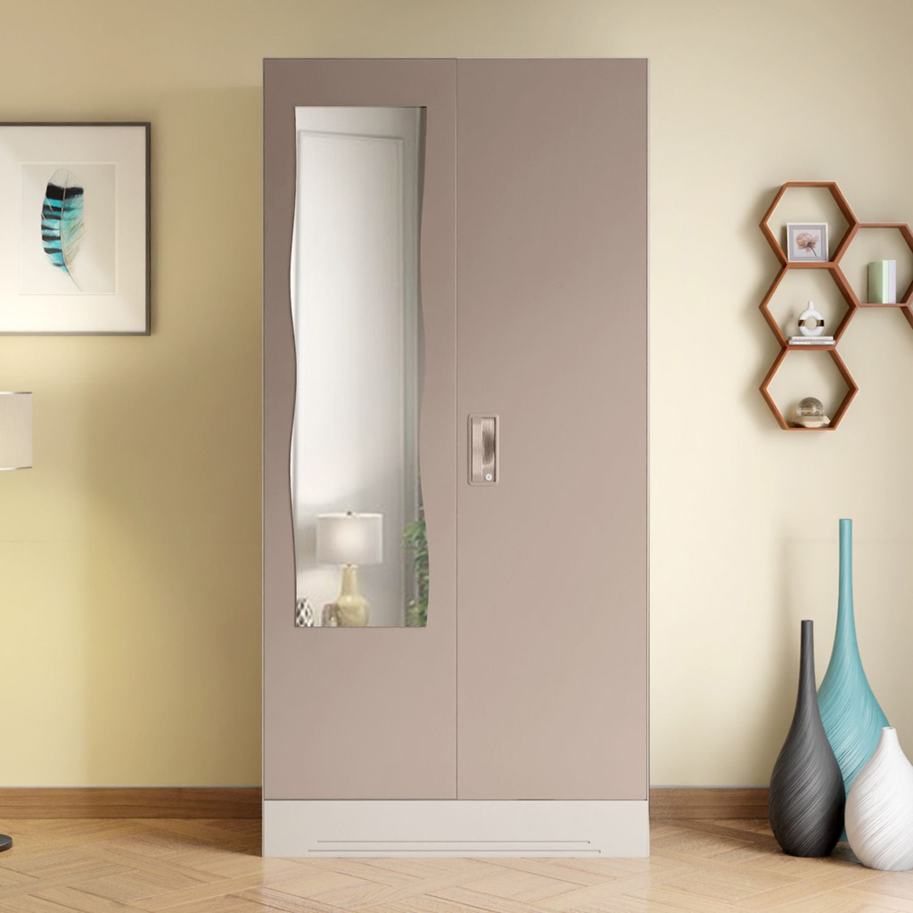 Slimline 2 Door Alpine White with Locker and Curvilinear Mirror Metal Almirah (Finish Color - Portabella Matte, Knock Down)