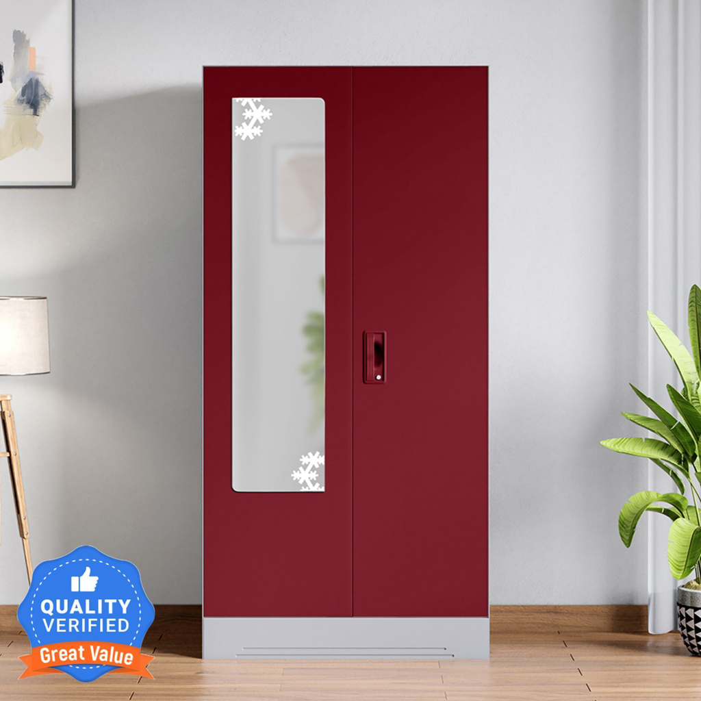 Slimline 2 Door with Locker and Star Design Mirror Metal Almirah (Finish Color - Textured Carmine Red, Knock Down)